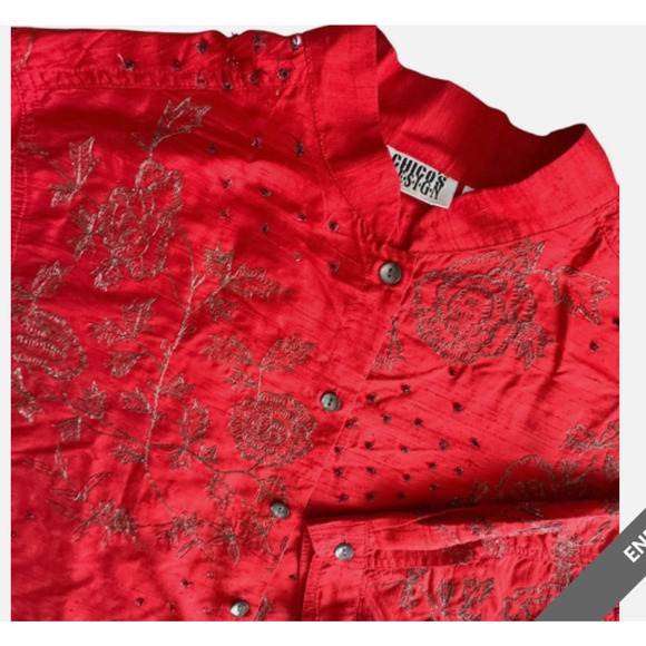 Chico's 100% Silk Top Women's Size Medium Red Asian Beaded Embroidery Button Up - Picture 4 of 9
